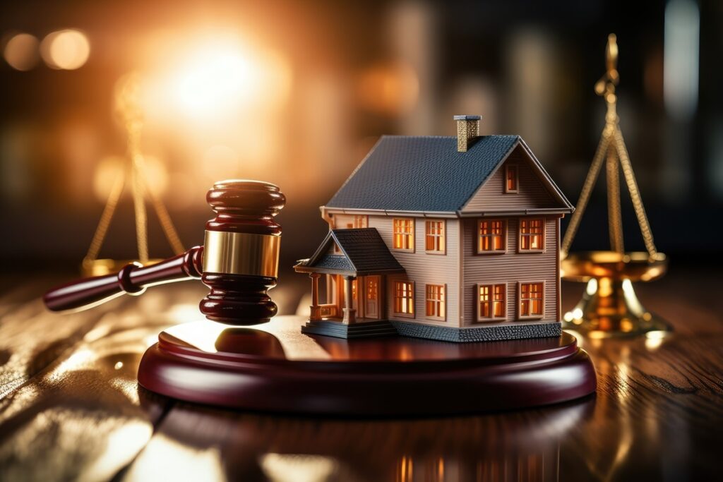 Auctioneer and real estate concept. Model house, gavel, and law books. The law of real estate concept